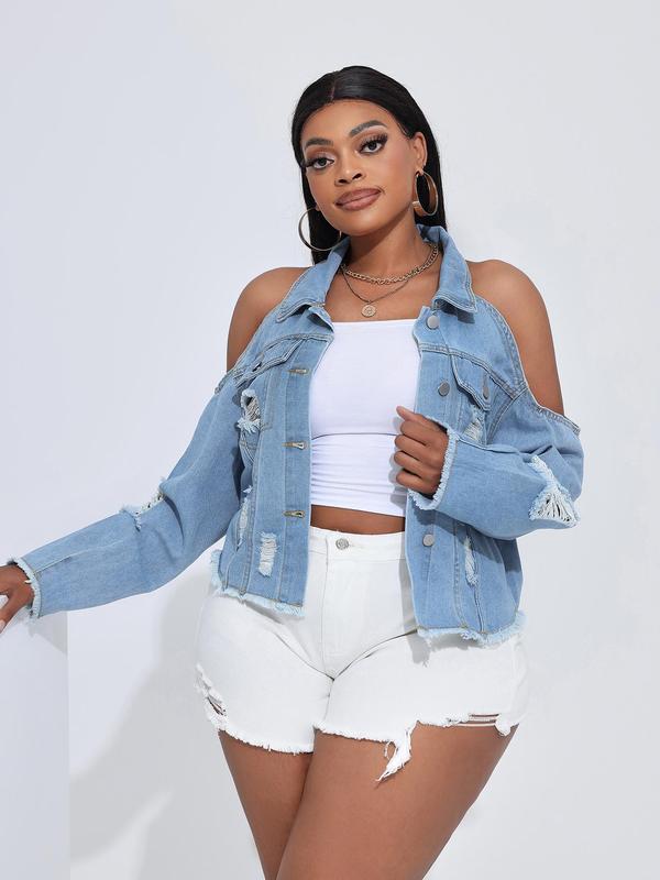 【Plus Size】 Distressed Button Fly Denim Jacket, Fashion Casual Collared Outerwear for Daily Outdoor Wear, Women Plus Clothing for Summer 2