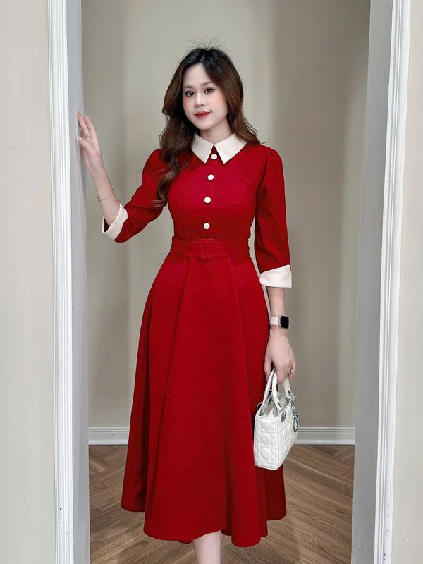 Váy nhung mùa đông, thiết kế nhẹ nhàng,thanh lịch, váy thu đông nữ đẹp 2024, dáng váy xòe dài, có đai điều chỉnh vòng eo, váy mùa đông cho nữ, dài qua gối phù hợp đi dự tiệc, đầm dáng dài đi cưới, đi làm công sở Mallorie Dress V1515 -Thoitrangsuha Women