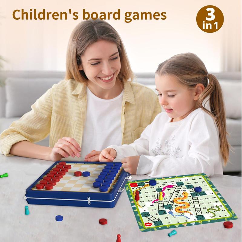 Snakes & Ladders Board Game Set, 1 Box Folding Portable Design and Light-weight, 3 in 1 Travel Game Set, Gift for Kids and Adults 4