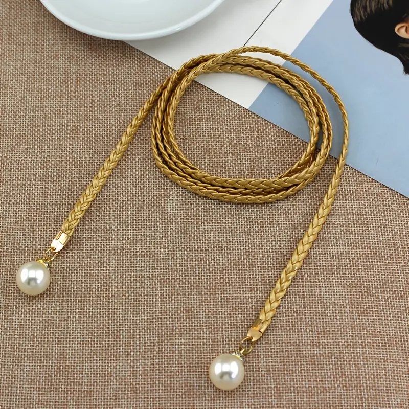 [1pc Elegant Braided Belt] 1pc Elegant Women's Braided Waist Rope Belt with Classic Pearl Pendant | Vintage Sweet Style, Non-Washable, Perfect for Dresses, Wedding Belt, Available in Black, Pink, Red, Brown 3