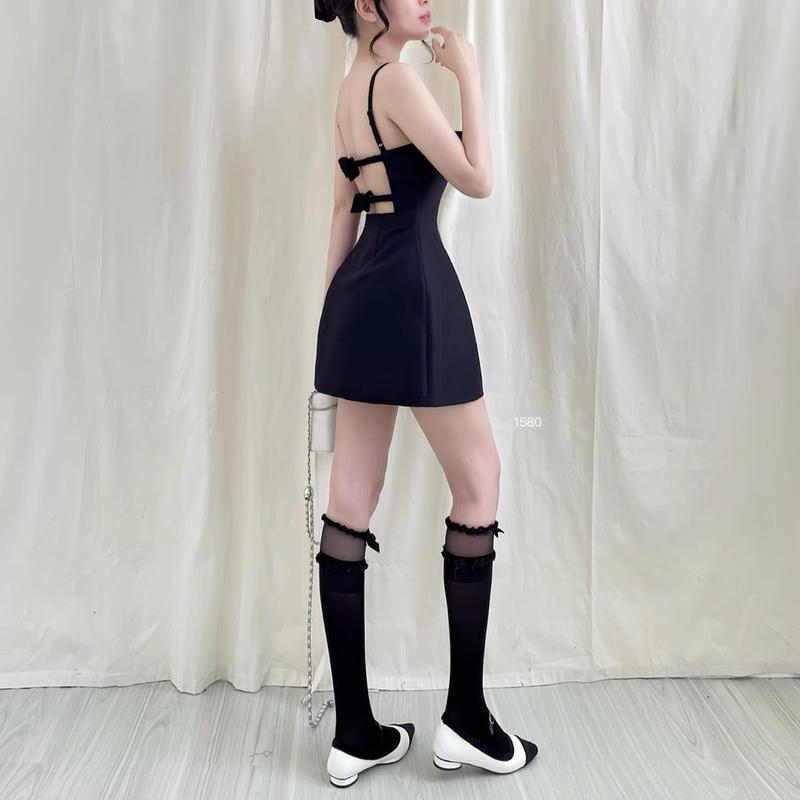 Product Introduction of Đầm dây hở lưng đính nơ phom A tôn dáng sang chảnh Bell Dress Biu Clothing BB0355 Nữ Women Voan Đen 9