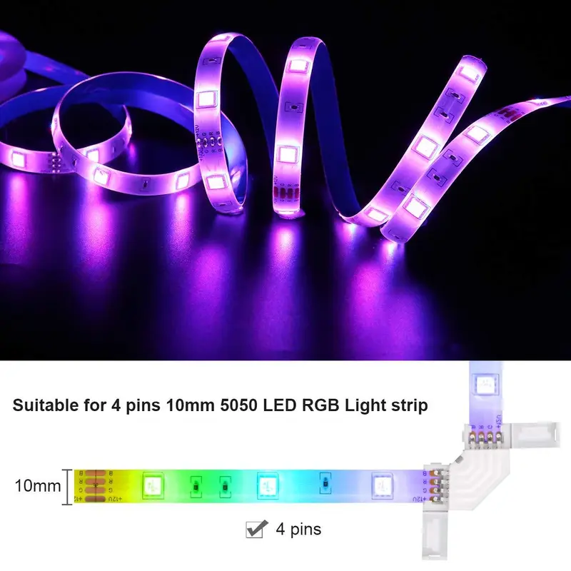 10mm 4pin L-Shape LED Corner Connector, 5 Counts 90-Degree Right Angle LED Light Strip Connector, Suitable for 5050 3528 Tape Light 3