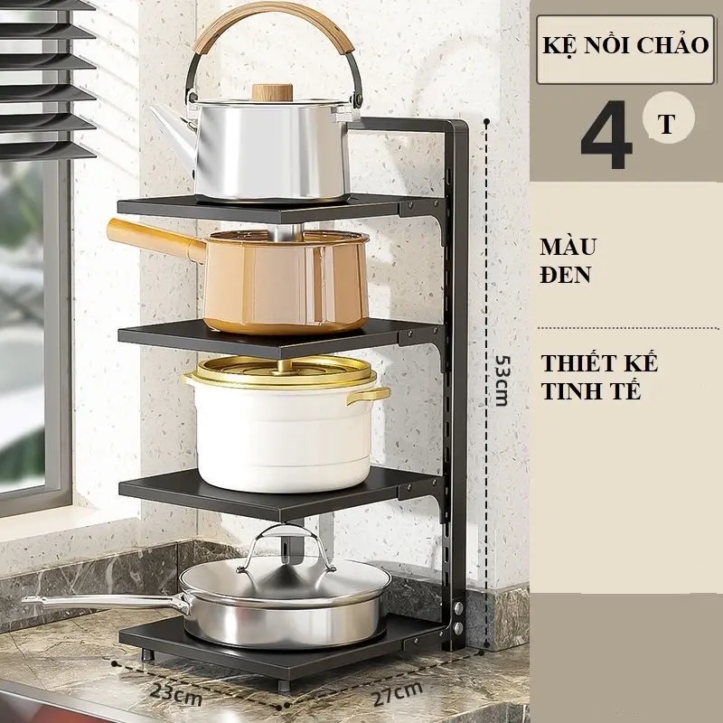 Kệ Để Xoong Nồi Nhà Bếp 4 Tầng. Thép Sơn Tĩnh Điện, Có Thể Nâng Hạ Cao Thấp