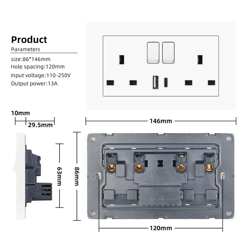 Product Introduction of SRAN wall socket usb wall socket universal socket 3 pin socket 13amp wall socket 3.1A 250V，146*86mm plastic panel 25