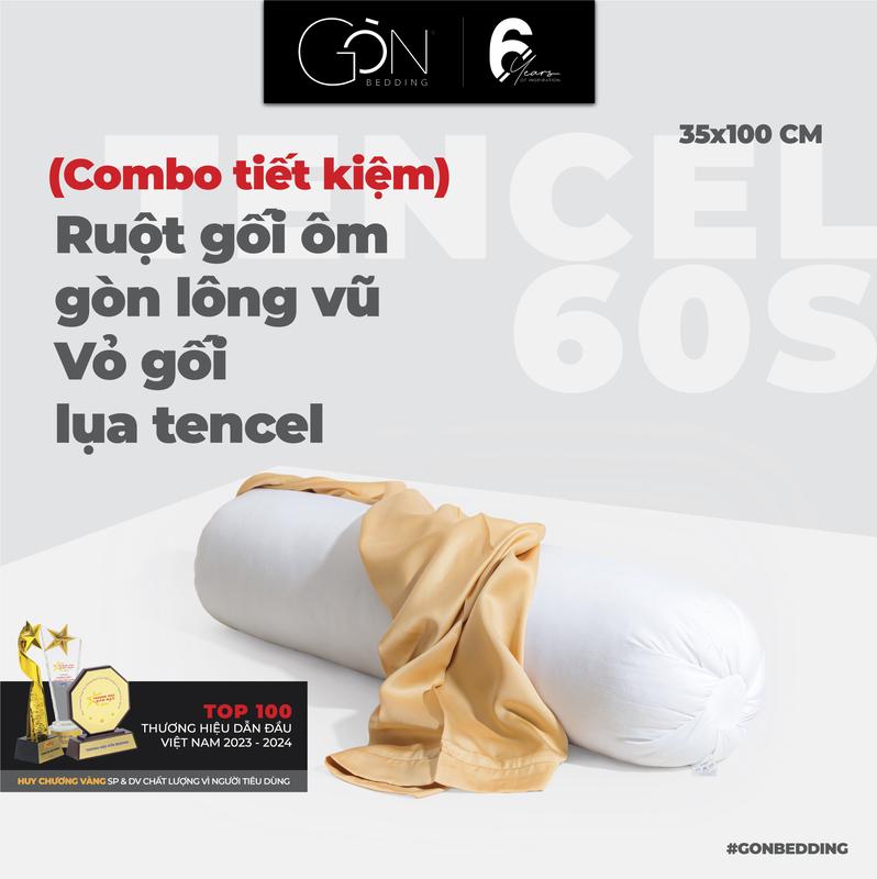 Combo Ruột Gối Gòn Lông Vũ Và Vỏ Gối Ôm Lụa Tencel 60s Gòn Bedding Cao Cấp Màu Trơn 37x105 cm