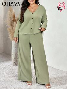 CURVZY Plus Size Two-Piece Set Solid Fake Buttons V Neck Tee & Pocket Wide Leg Pants, Casual Lounge Long Sleeve Top & Trousers Set for Daily Wear, Women's Two-piece Outfits for All Seasons