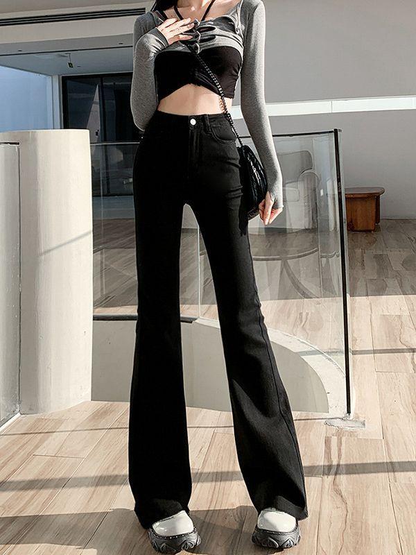 Jeans Hitam Berkobar Mikro Ukuran Besar untuk Wanita, Jeans Pinggang Tinggi, Pelangsing, Menutupi Lantai, Celana Melar Melebar/812 1
