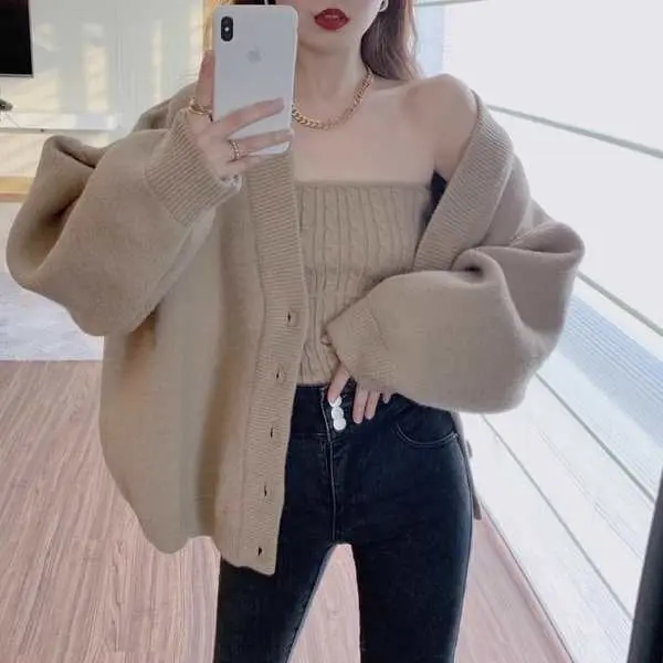 Áo Len Dệt Kim Cho Nữ, Áo Khoác Cardigan, Áo Ống Dày, Bộ Đồ Hai Mảnh Phong Cách Hàn Quốc, Áo Topsuit Rộng Rãi Và Lười Biếng Phương Tây Đa Năng Women Dài Tay