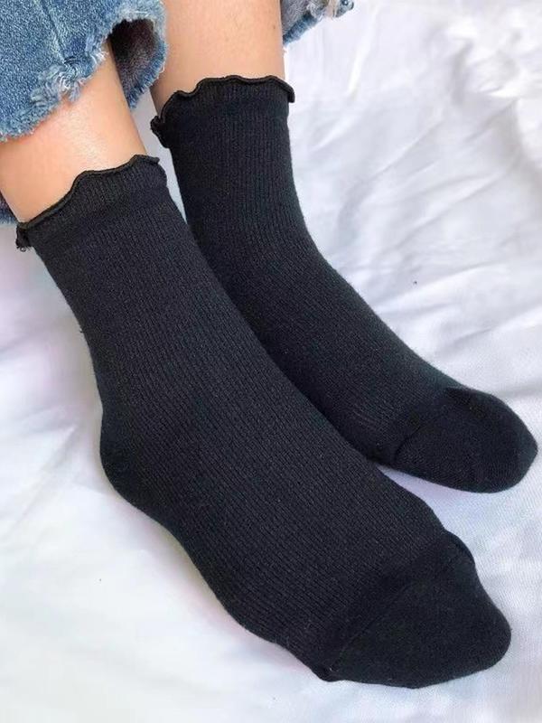 Women's Solid Lettuce Trim Crew Socks, Casual Comfy Breathable Mid-calf Socks for Daily Wear, Multipack Knit Socks for All Seasons 6