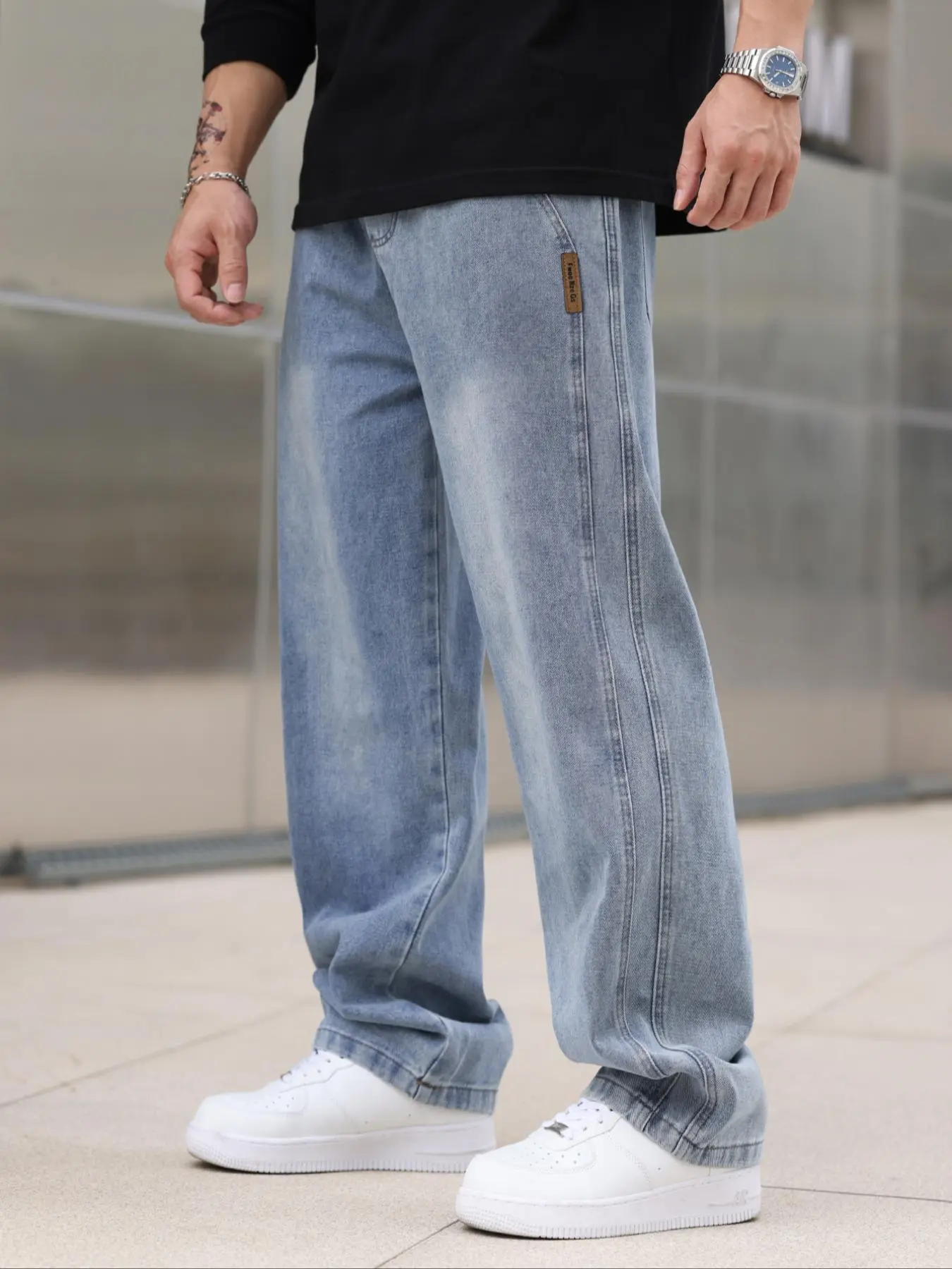Men's Loose Solid Straight Leg Jeans, Casual Comfy Trousers for Daily Wear, Wide Leg Jeans for Men, Cotton