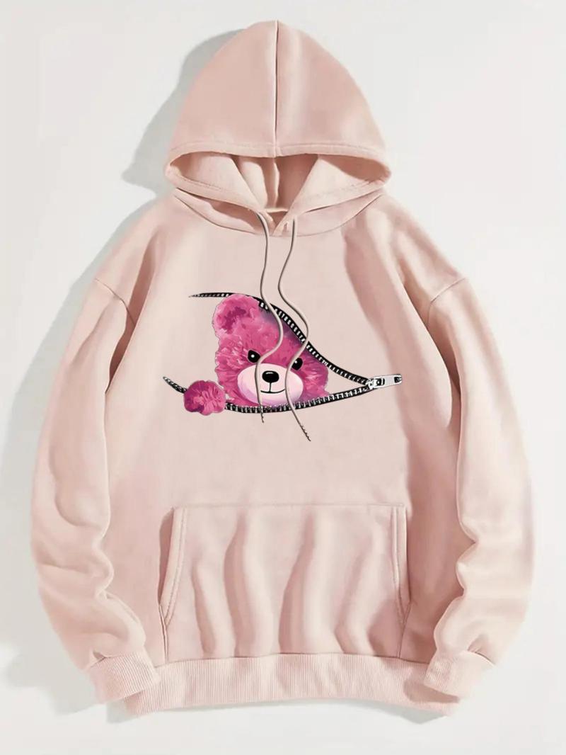 Product Introduction of Women's Bear Print Thermal Lined  Hoodie, Fashion Casual Drawstring Pocket Hooded Sweatshirt for Daily Holiday Outdoor Wear, Women Clothing for Fall & Winter 3