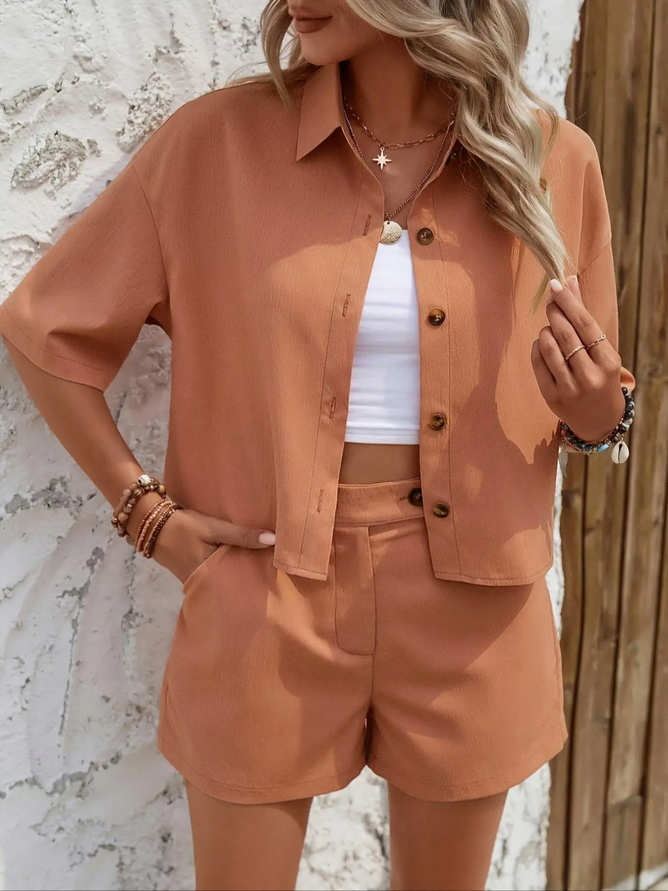 Women's Solid Button Front Shirt & Shorts Two-piece Set, Casual Comfy Half Sleeve Top & High Waist Shorts for Daily Wear, Ladies Two-piece Outfits for All Seasons