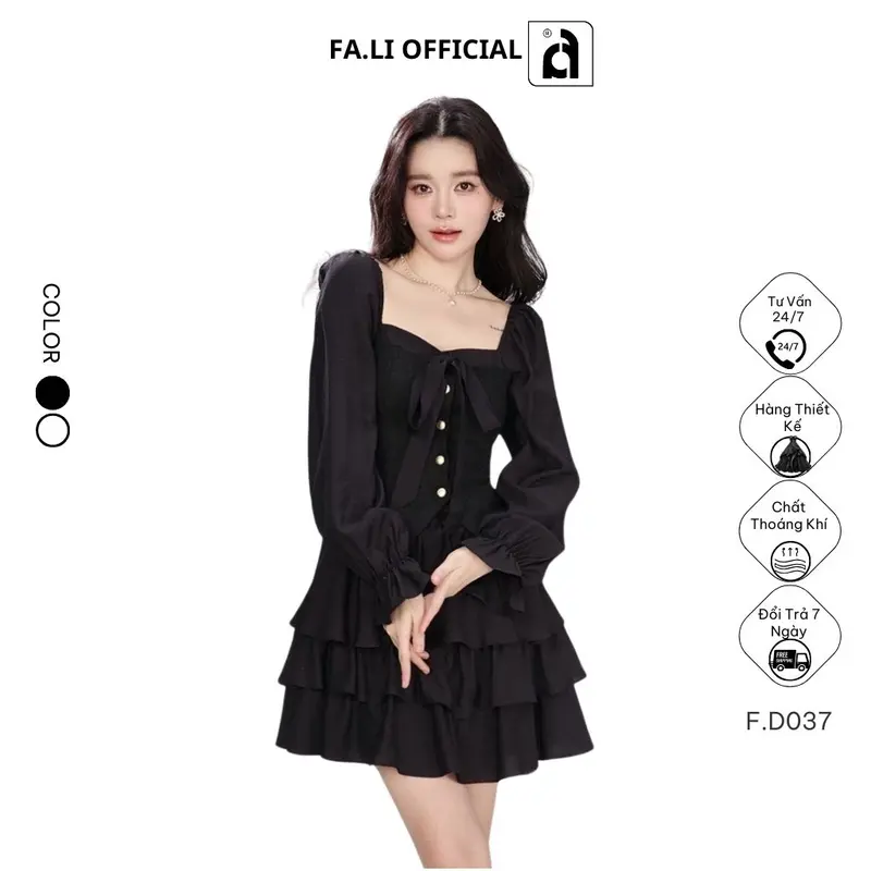 Đầm Xinh, Váy Dáng Ngắn Cổ Vuông FALI Tay Loe Phong Cách Thanh Lịch Mùa Thu Đông F.D031 0