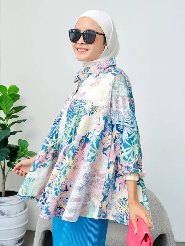 ILTS Kemeja Wanita Oversize Kekinian Bahan Silk Motif Babydoll 3