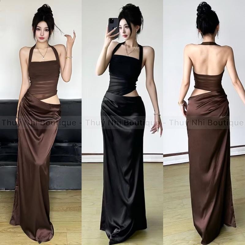 ĐẦM BODY DÂY CỔ KHOÉT EO THUN LẠNH PHỐI LƯỚI DÁNG DÀI CÓ SẴN MÚT