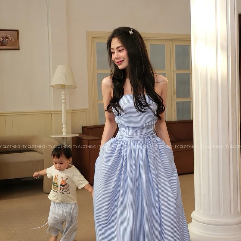 Đầm sọc xếp ngực- Hàng thiết kế- màu Xanh/Vàng- TYCLOTHING 1