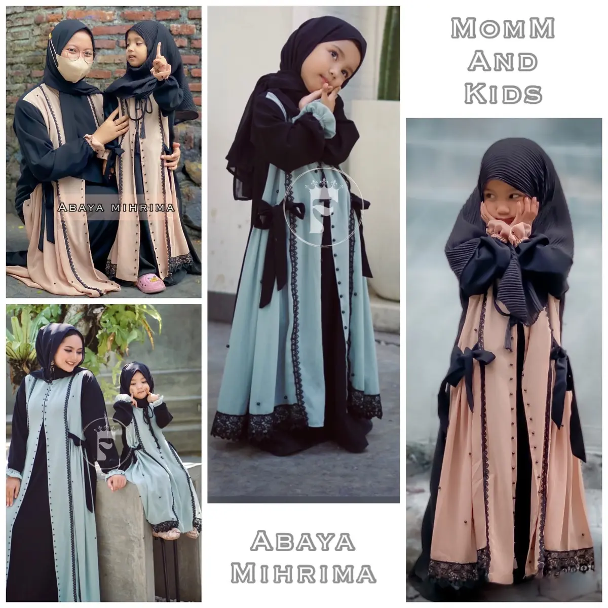 Abaya Mihrimah mom and kids Muslim Renda Gamis Couple Arab Syari Turki Hitam Kombinasi Dress Simple Bordir Lebaran