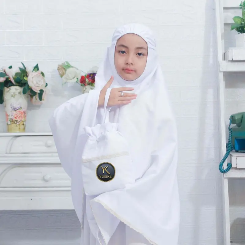 Mukena Anak Wanita Si Kembar Katun Renda Rajut Polos Muslim Baju Syari Setelan - YUSIKU - Gamis, Remaja 4