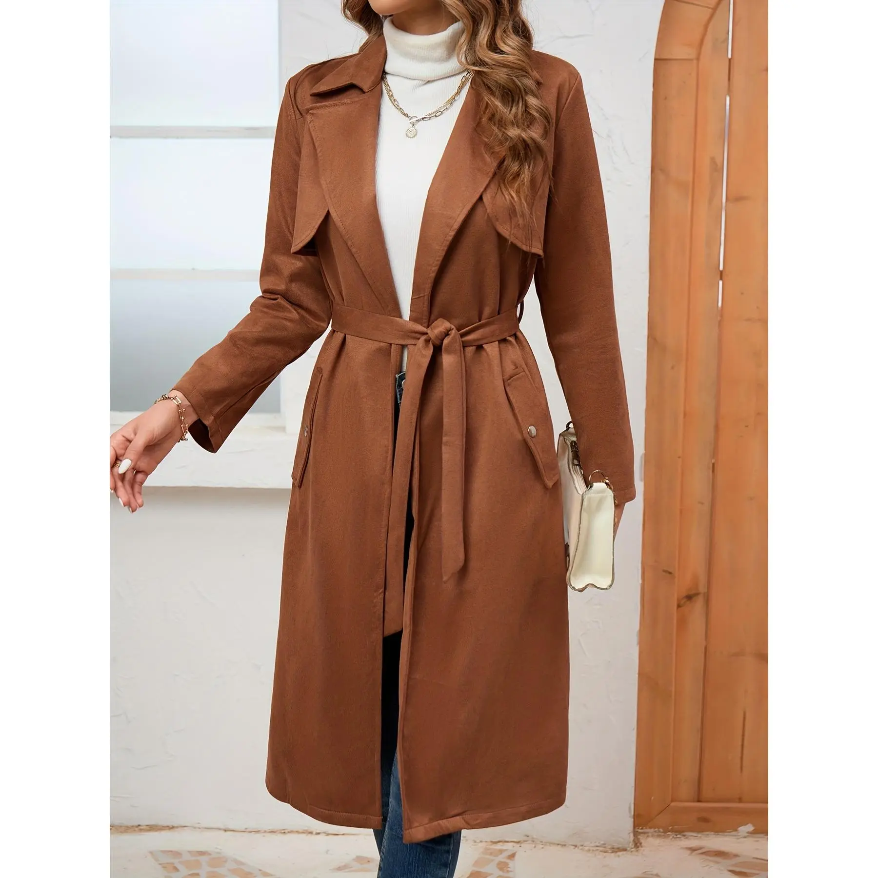 [Elegant Trench Coat] Elegant Belted Trench Coat - Comfy Long Sleeve Coat - Women's Clothing