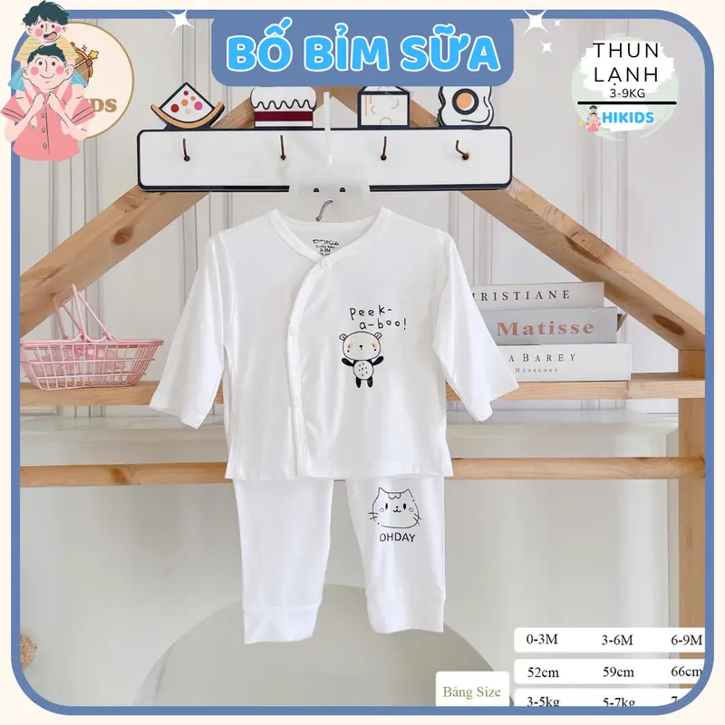 (Mỏng Mát) Combo 3 - 5 bộ quần áo dài tay sơ sinh TT chất thun lạnh cho bé  trắng in hoạ tiết cho bé 0 - 9 tháng [DL0] hikids set  đồ 5
