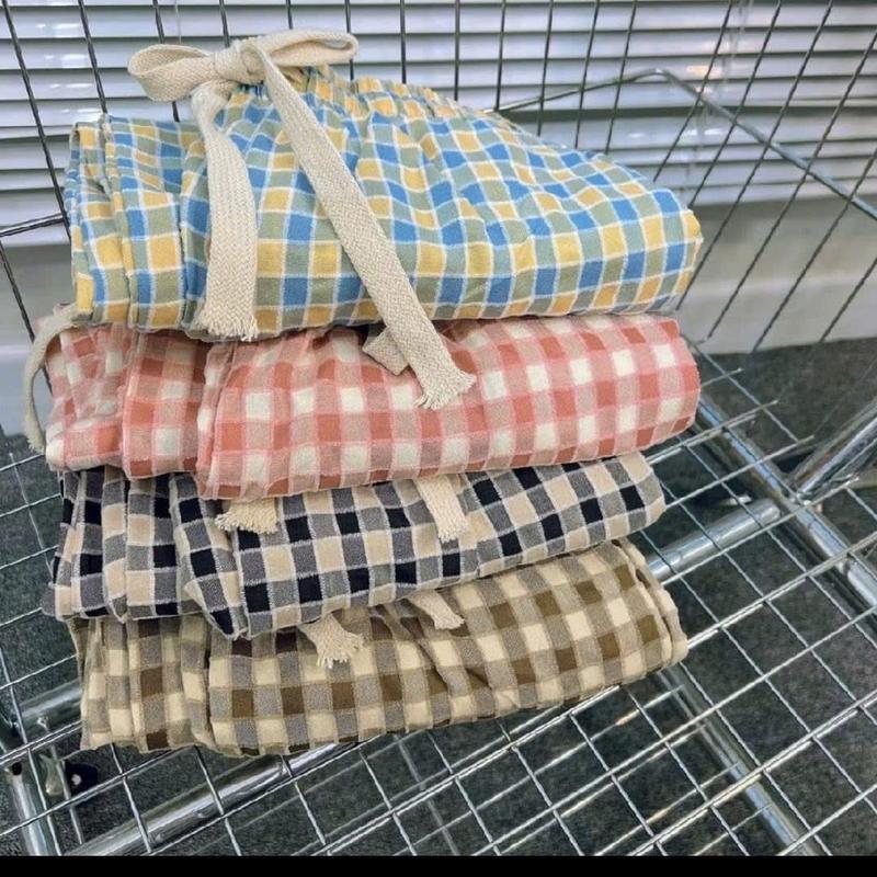 Quần kẻ caro ống rộng nữ cạp chun chất liệu đũi nhung mềm mát 2