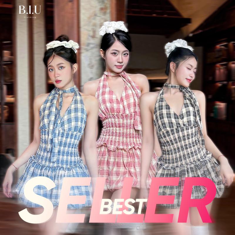 Đầm cổ yếm hở lưng chun nhún eo dáng bí phồng họa tiết caro trendy sexy hack dáng màu xanh phối kem Dely Dress Biu Clothing BB0354 Nữ Women Cotton váy  tiệc