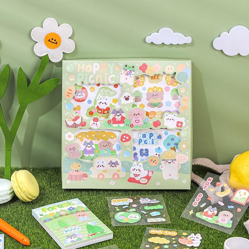 Sticker cute/Hộp 100 tấm sticker hình dán dễ thương HAPPY PICNIC trang trí sổ planner bullet journal Hàn Quốc Tẻn Tẻn
