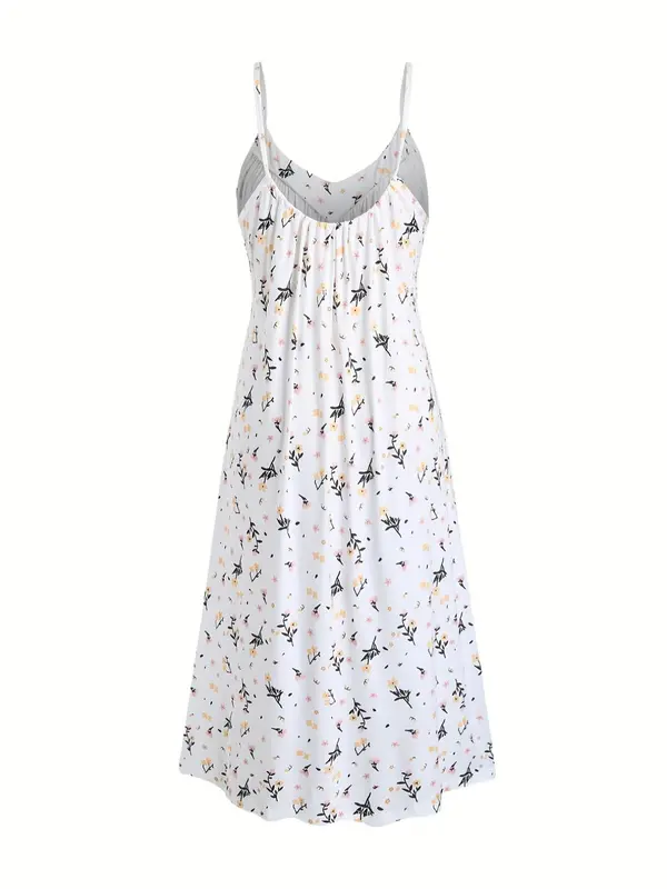 Plus Size Ditsy Floral Print Ruched Cami Nightdress, Casual Comfy Spaghetti Strap Nightgown for Women, Women's Sleepwear for All Seasons 1
