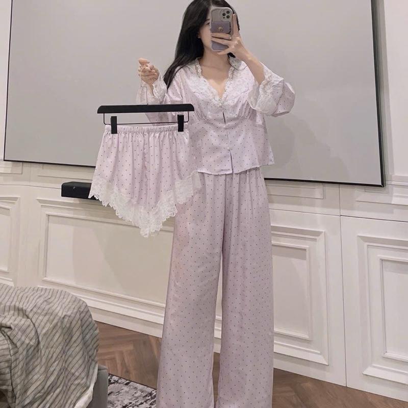 SP.666 Set bộ ngủ lụa 4 món áo hai dây kèm đệm, quần cộc, áo dài và quần dài hoạ tiết chấm bi hàng Quảng Châu cao cấp 0