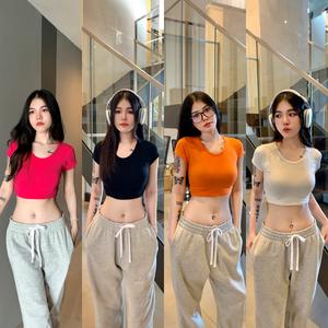 Lengan Pendek Berpotongan, Spinnyhouse, Leher Bulat, Fabrik Regangan Banyak, Fabrik Tidak Tebal, Potongan, B-045-3-AAAAA Tops