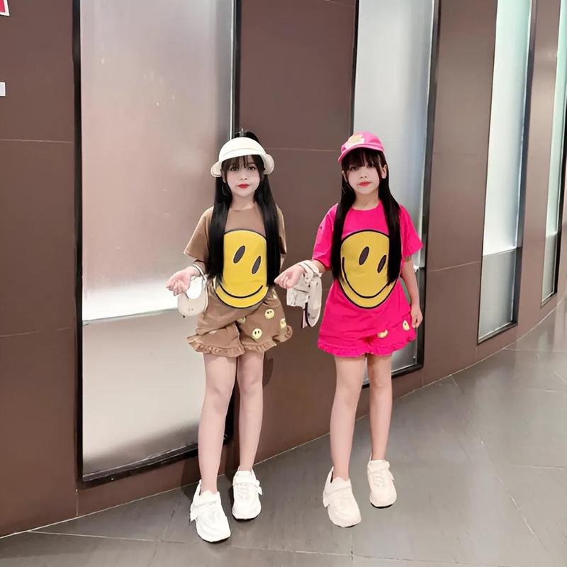 4-14 TUỔI Bộ quần áo bé gái áo cộc tay in hình mặt cười dễ thương chất vải cotton mềm mịn.M19 3
