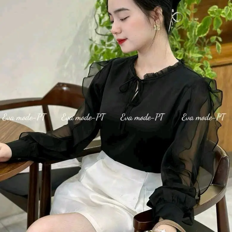 Áo sơmi cổ trụ phối bèo Hàn Quốc nhẹ nhàng, sang chảnh - Size S, M, L, XL (40-63kg) - Nữ Top Women 1
