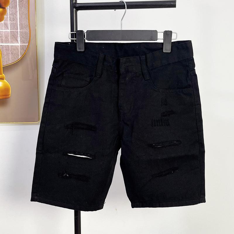 1 Vải Jean Thô Không Co Dãn Quần Đùi Nam mặc Trên Gối Đen Rách Có Lót Menswear Pants