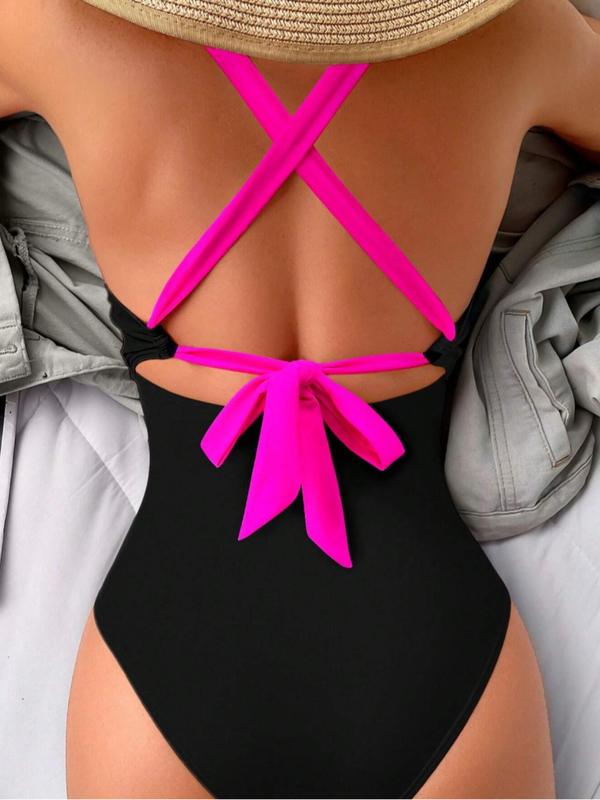 Women's Colorblock Patchwork One-piece Swimsuit, Casual Tight-fitting V Neck Sleeveless Swimwear for Beach Holiday Vacation, Ladies Swimsuit for All Seasons 1