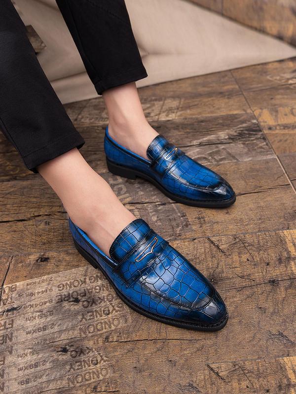 Men's Business Solid Color Crocodile Embossed Slip-on PU Leather Shoes, Fashionable Low Heel Dress Shoes For Work Office, Male Pointed Toe Shoes 5