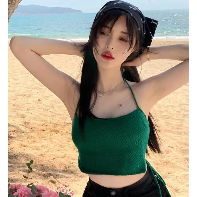Women Summer Knitted Tank Tops Solid Color Back Tie-Up Halter Vest Fashion Wild Backless Crop Tops with good skin affinity