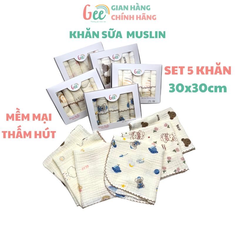 Khăn sữa muslin Gee, set 5 khăn xô mềm mịn mát, thấm hút, an toàn cho bé, họa tiết dễ thương, vải cotton 2 lớp, 30x30cm