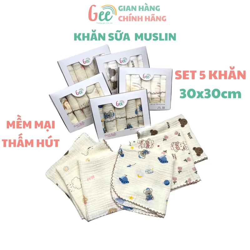 Khăn sữa muslin Gee, set 5 khăn xô mềm mịn mát, thấm hút, an toàn cho bé, họa tiết dễ thương, vải cotton 2 lớp, 30x30cm 0