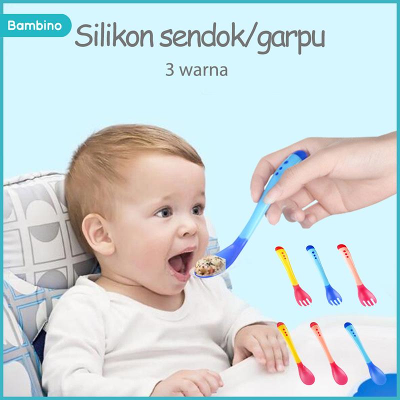 BAMBINO alat makan bayi mpasi Sendok temperature change color dan garpu makan bayi Merah 0