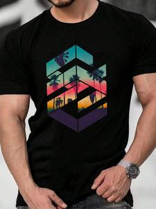 Men's Palm Trees Print Short Sleeve Sports Tee, Regular Fit Casual Breathable Round Neck T-Shirt for Outdoor Sports, Men's Sportswear for Spring & Fall