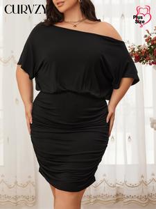 CURVZY Plus Size Solid Ruched Asymmetrical Neck Dress, Fashion Casual Batwing Sleeve Bodycon Dress for Daily Wear, Women's Plus Clothing for Summer