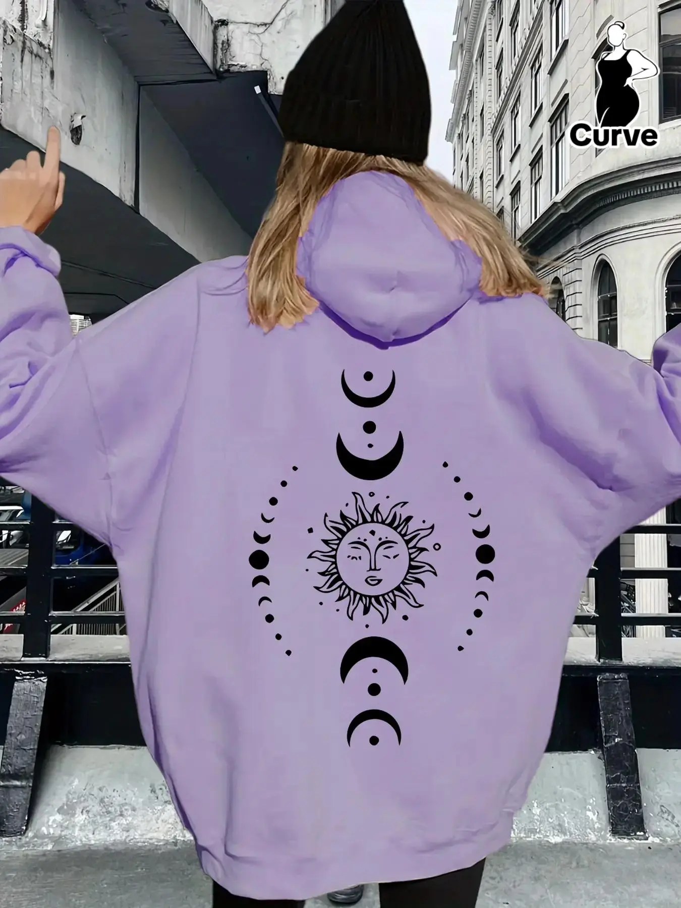 【Plus Size】moon & Sun Print Hoodie, Casual Long Sleeve Hooded Sweatshirt for Fall & Winter, Women's Plus Clothing for Daily Wear, Yoga Hoodie