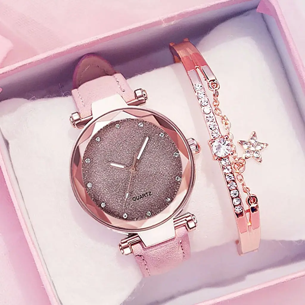 Silver Pink Rhinestone Surface Frosted Leather Watch Strap Ladies