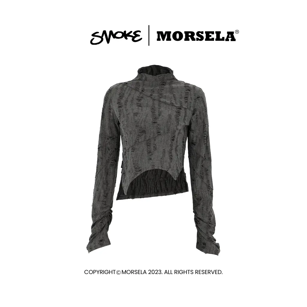 MORSELA chính hãng - Áo croptop nữ kiểu tay dài SMOKE cổ lọ nhúm tay cách điệu phong cách cá tính