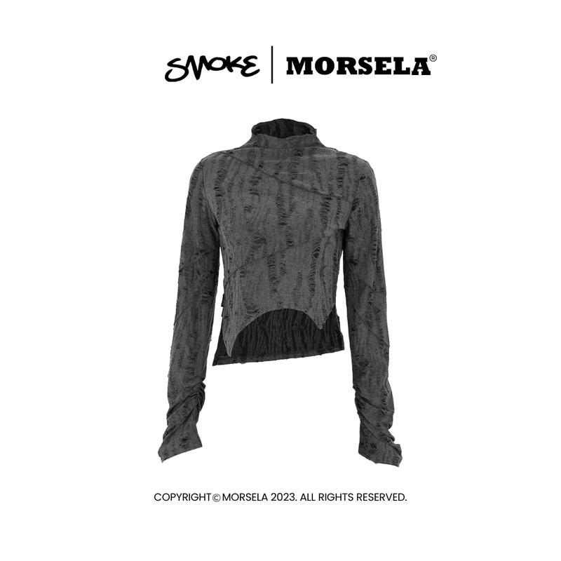MORSELA chính hãng - Áo croptop nữ kiểu tay dài SMOKE cổ lọ nhúm tay cách điệu phong cách cá tính 0