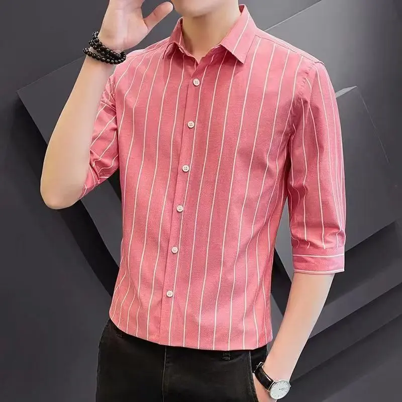 Áo Sơ Mi Mùa Hè, Ngắn Tay Nam, Phong Cách Hàn Quốc, Ôm Sát, Sơ Mi Sọc, Tay Lỡ, Thời Trang, Đẹp Trai, Dễ Phối Đồ, Áo Sơ Mi Tay Lỡ Ba Phần Tư Thường Ngày 3