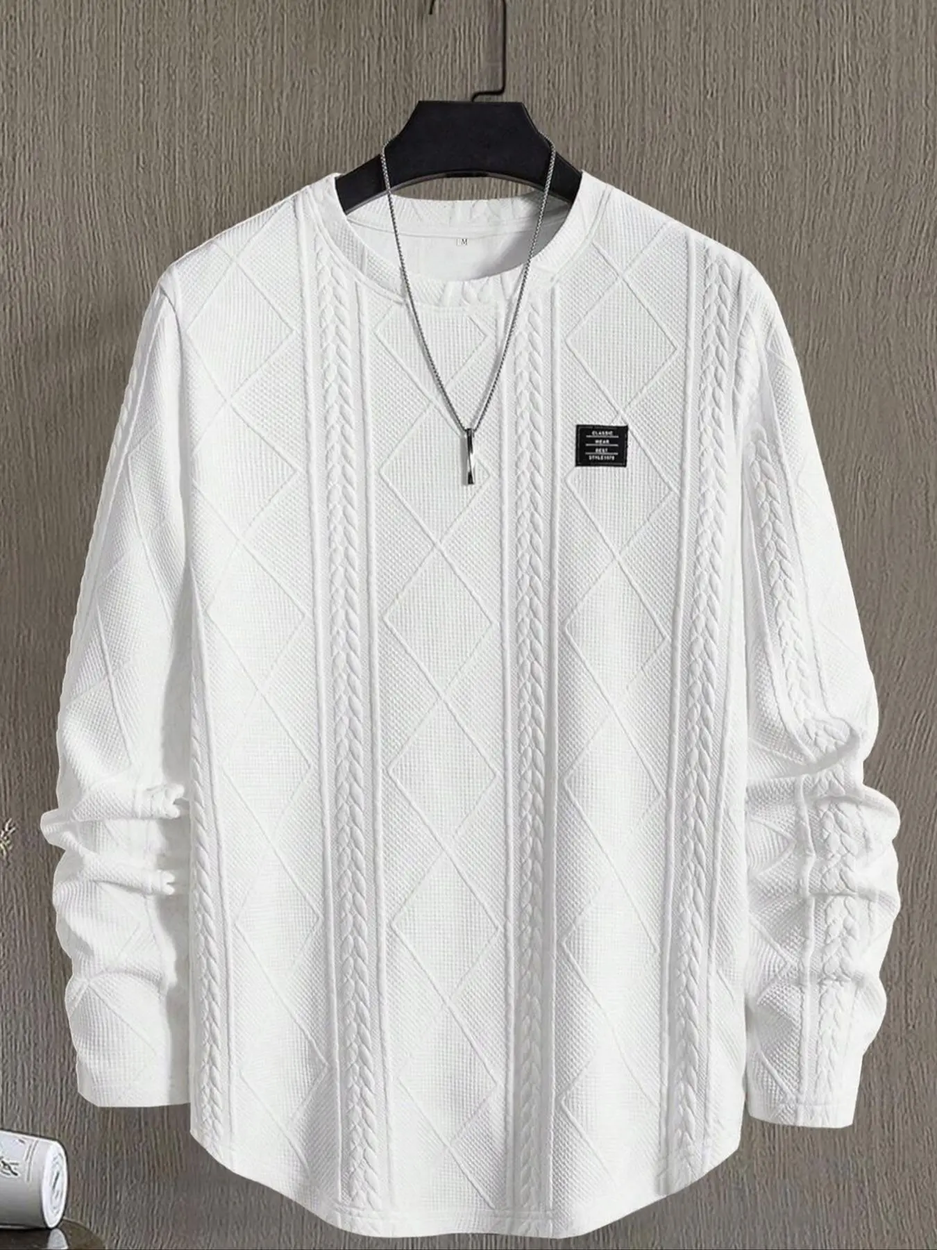 Men's Regular Fit Patched Detail Textured Knit Tops, Casual Long Sleeve Round Neck T-shirt for All Seasons, Fashion Men's Knit Top for Daily Wear, Going Out Top, Men's T Shirts
