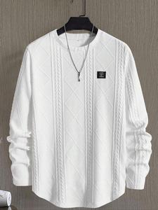 メンズ レギュラーフィット パッチ付き テクスチャードニットトップス、カジュアルな長袖ラウンドネックTシャツ、オールシーズン対応 ファッションメンズニットトップ
