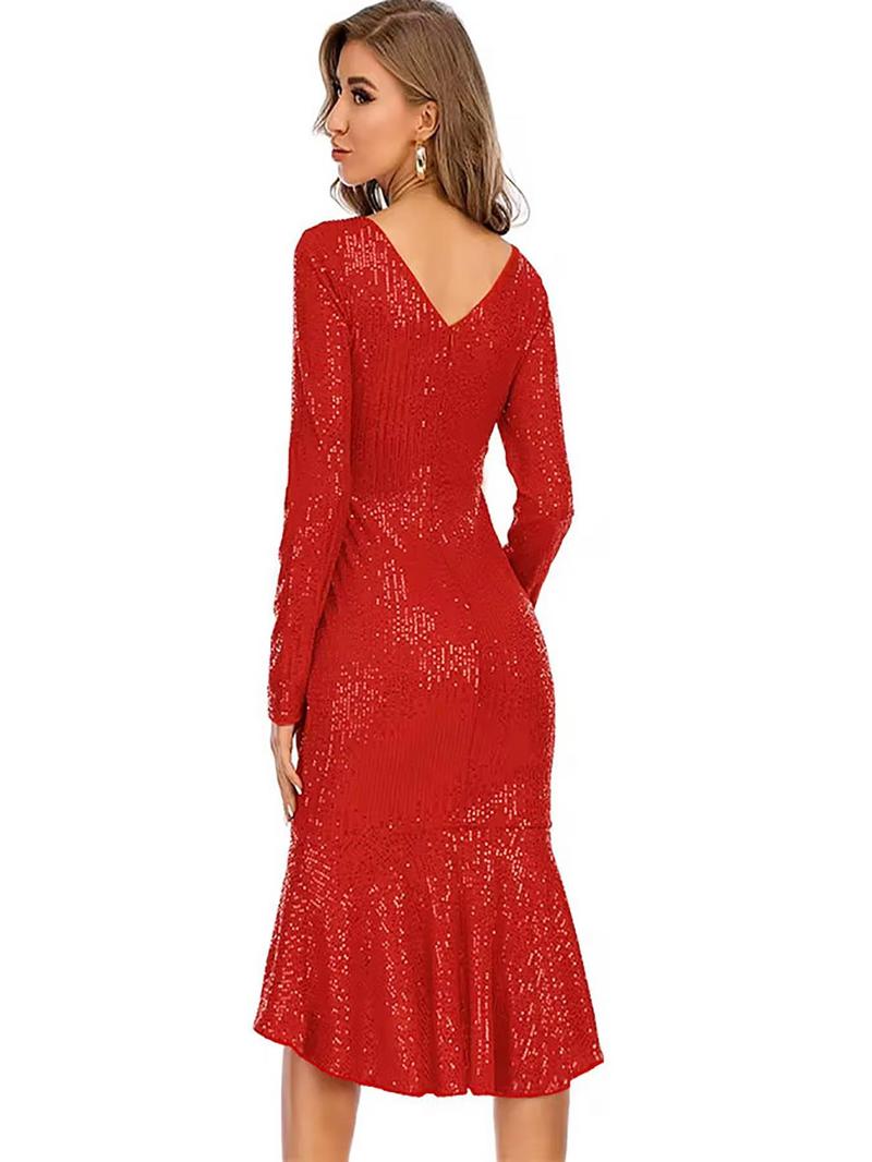 Product Introduction of Women's Glitter Sequins Ruffle Trim Bodycon Dress, Elegant Long Sleeve Round Neck Dress for Party Evening Formal Occasions, Ladies' Spring & Fall Clothes 2