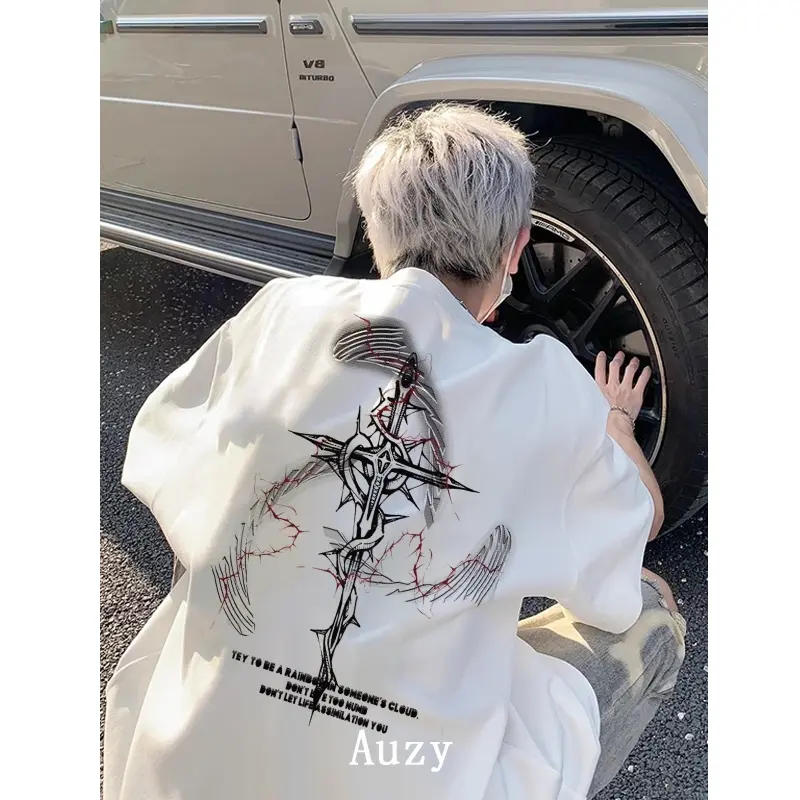 Gaya jalanan Amerika menyeberang kaos pria wanita T-shirt baju oversize t shirt distro Combed Cowok